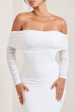 Only You Ivory Ruched Mesh Bardot Midi Dress