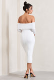 Only You Ivory Ruched Mesh Bardot Midi Dress