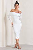 Only You Ivory Ruched Mesh Bardot Midi Dress