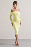 Only You Lemon Ruched Mesh Bardot Midi Dress