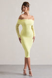 Only You Lemon Ruched Mesh Bardot Midi Dress