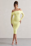 Only You Lemon Ruched Mesh Bardot Midi Dress