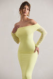 Only You Lemon Ruched Mesh Bardot Midi Dress