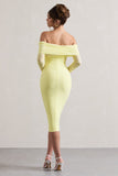 Only You Lemon Ruched Mesh Bardot Midi Dress