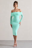 Only You Mint Ruched Mesh Bardot Midi Dress