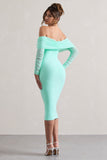 Only You Mint Ruched Mesh Bardot Midi Dress