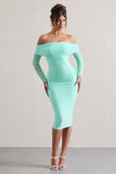 Only You Mint Ruched Mesh Bardot Midi Dress