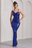 Galaxy Shimmer Navy Bias Cut Cowl Front Maxi Dress
