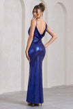Galaxy Shimmer Navy Bias Cut Cowl Front Maxi Dress