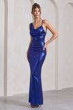 Galaxy Shimmer Navy Bias Cut Cowl Front Maxi Dress