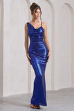 Galaxy Shimmer Navy Bias Cut Cowl Front Maxi Dress