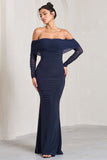 Madeleine Navy Fishtail Maxi Dress With Bardot Mesh Long Sleeves