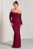 Madeleine Berry Fishtail Maxi Dress With Bardot Mesh Long Sleeves