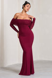 Madeleine Berry Fishtail Maxi Dress With Bardot Mesh Long Sleeves