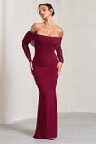 Madeleine Berry Fishtail Maxi Dress With Bardot Mesh Long Sleeves