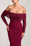 Madeleine Berry Fishtail Maxi Dress With Bardot Mesh Long Sleeves