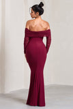 Madeleine Berry Fishtail Maxi Dress With Bardot Mesh Long Sleeves