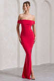 Law of Attraction Red Bardot Draped Split Maxi Dress