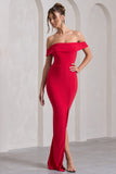 Law of Attraction Red Bardot Draped Split Maxi Dress