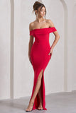 Law of Attraction Red Bardot Draped Split Maxi Dress