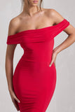 Law of Attraction Red Bardot Draped Split Maxi Dress