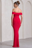 Law of Attraction Red Bardot Draped Split Maxi Dress