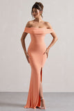 Law of Attraction Coral Bardot Draped Split Maxi Dress