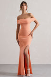 Law of Attraction Coral Bardot Draped Split Maxi Dress