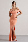 Law of Attraction Coral Bardot Draped Split Maxi Dress