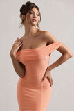 Law of Attraction Coral Bardot Draped Split Maxi Dress