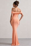 Law of Attraction Coral Bardot Draped Split Maxi Dress