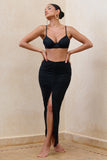 Longing Black Ruched Chiffon Split Maxi Skirt With Drawstrings