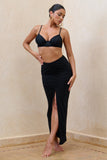 Longing Black Ruched Chiffon Split Maxi Skirt With Drawstrings