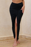 Longing Black Ruched Chiffon Split Maxi Skirt With Drawstrings