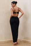 Longing Black Ruched Chiffon Split Maxi Skirt With Drawstrings