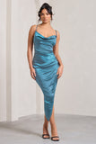 Risk It All Blue Cami Cowl Neck Asymmetric Hem Midi Dress