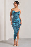 Risk It All Blue Cami Cowl Neck Asymmetric Hem Midi Dress