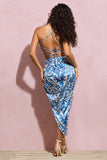 Risk It All Blue Porcelain Print Cami Cowl Neck Asymmetric Hem Midi Dress