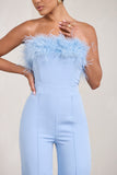 First Class Blue Bandeau Feather Wide Leg jumpsuit