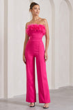 First Class Hot Pink Bandeau Feather Wide Leg Jumpsuit