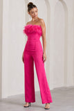 First Class Hot Pink Bandeau Feather Wide Leg Jumpsuit