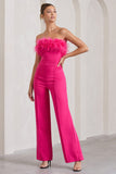 First Class Hot Pink Bandeau Feather Wide Leg Jumpsuit