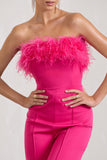 First Class Hot Pink Bandeau Feather Wide Leg Jumpsuit