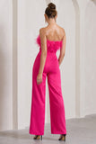First Class Hot Pink Bandeau Feather Wide Leg Jumpsuit