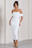 Lost For Words White Bardot Ruched Draped Midi Dress