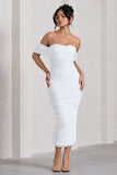 Lost For Words White Bardot Ruched Draped Midi Dress
