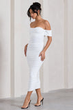 Lost For Words White Bardot Ruched Draped Midi Dress