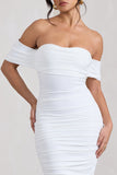 Lost For Words White Bardot Ruched Draped Midi Dress