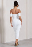 Lost For Words White Bardot Ruched Draped Midi Dress