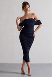 Lost For Words Navy Bardot Ruched Draped Midi Dress